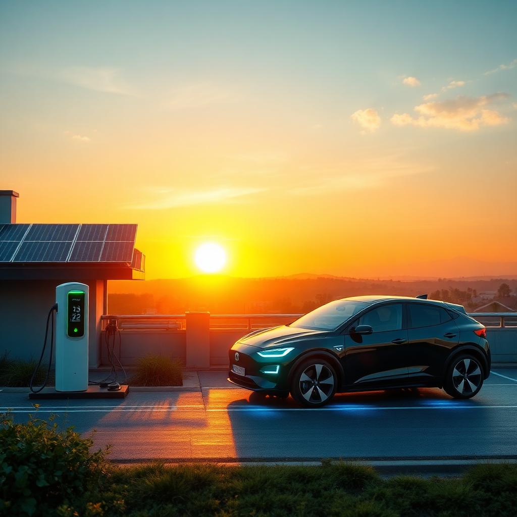 EV charging beside a solar rooftop at sunrise